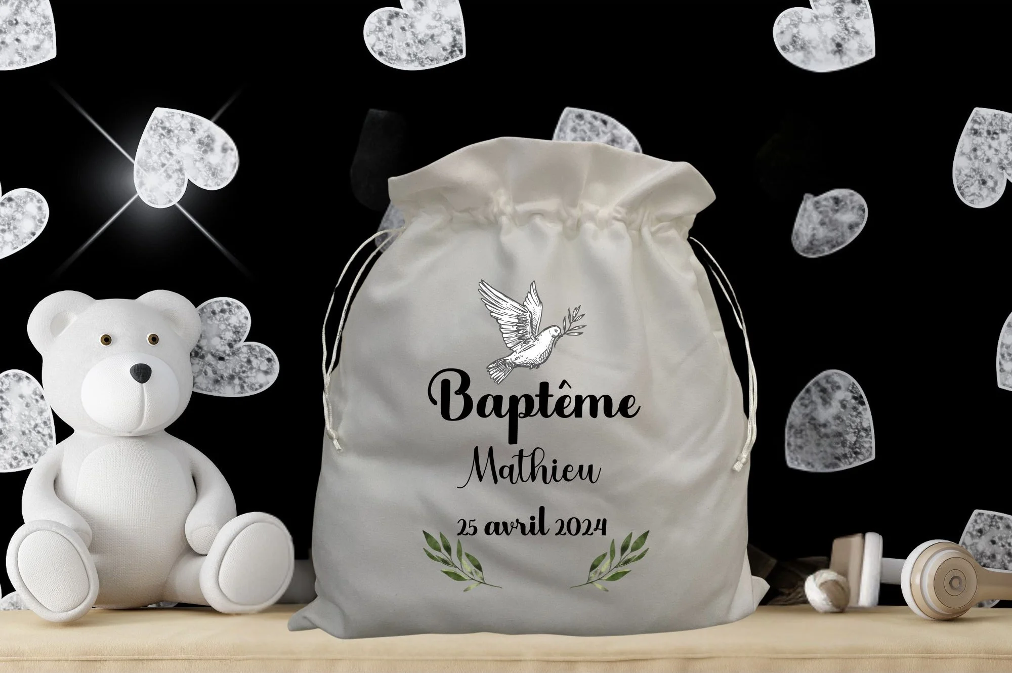 sac à doudou pour le baptême avec colombe