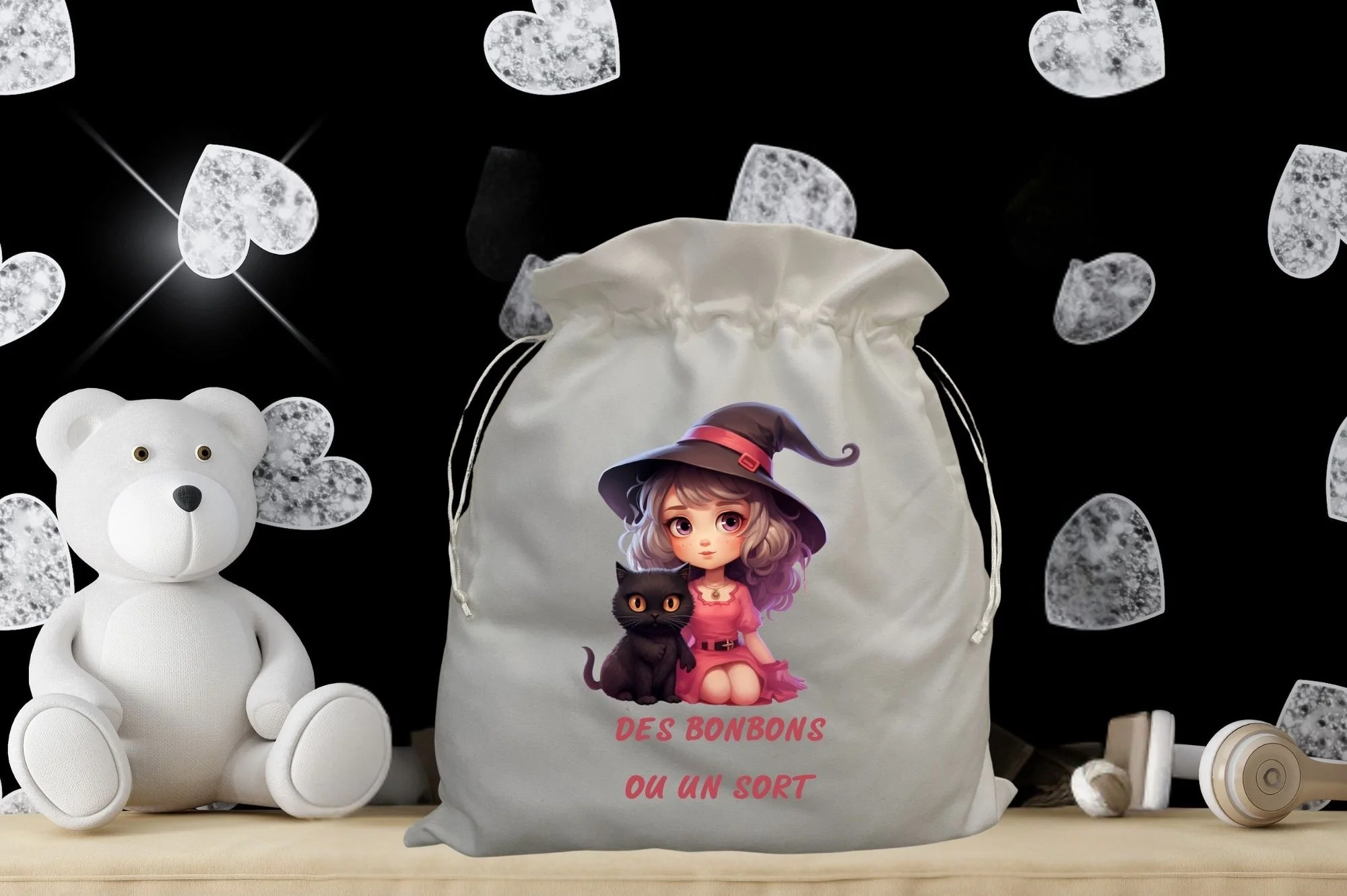 sac à doudou halloween sorcière et chat noir