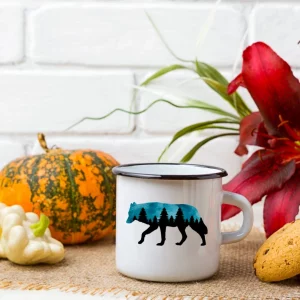 mug émaillé de style rétro vintage, loup