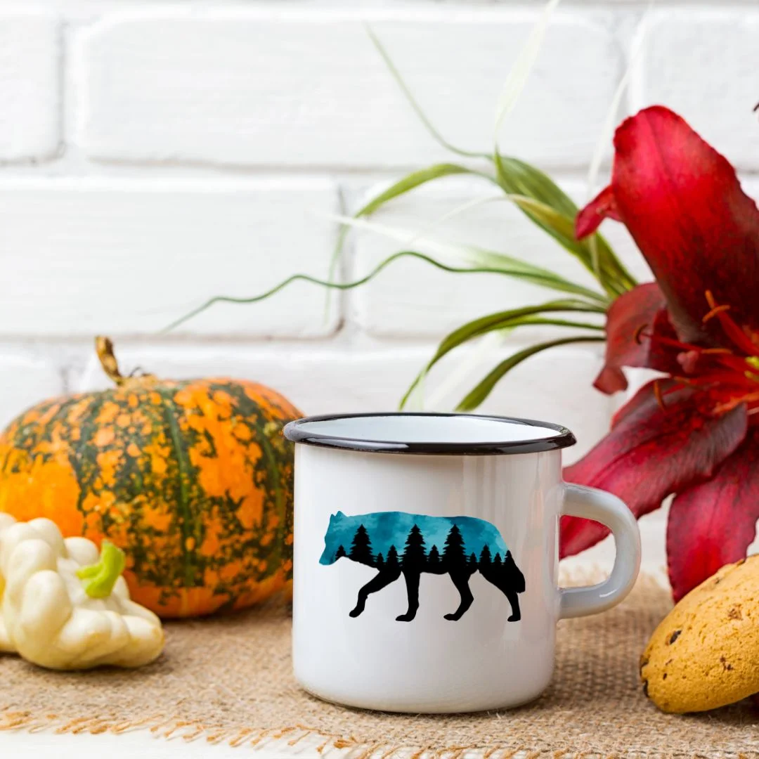 mug émaillé de style rétro vintage, loup
