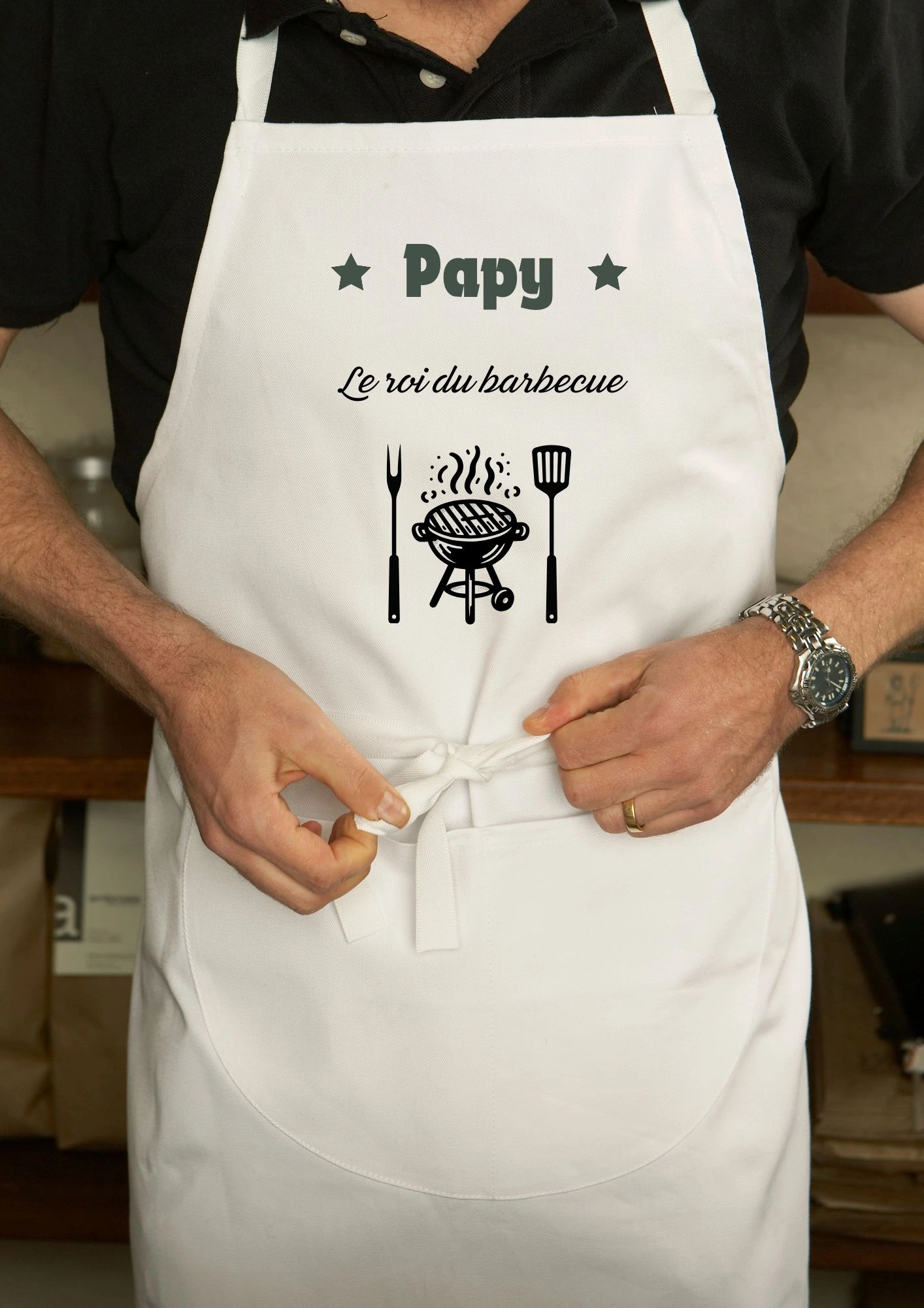 tablier blanc personnalisé papy roi du barbecue