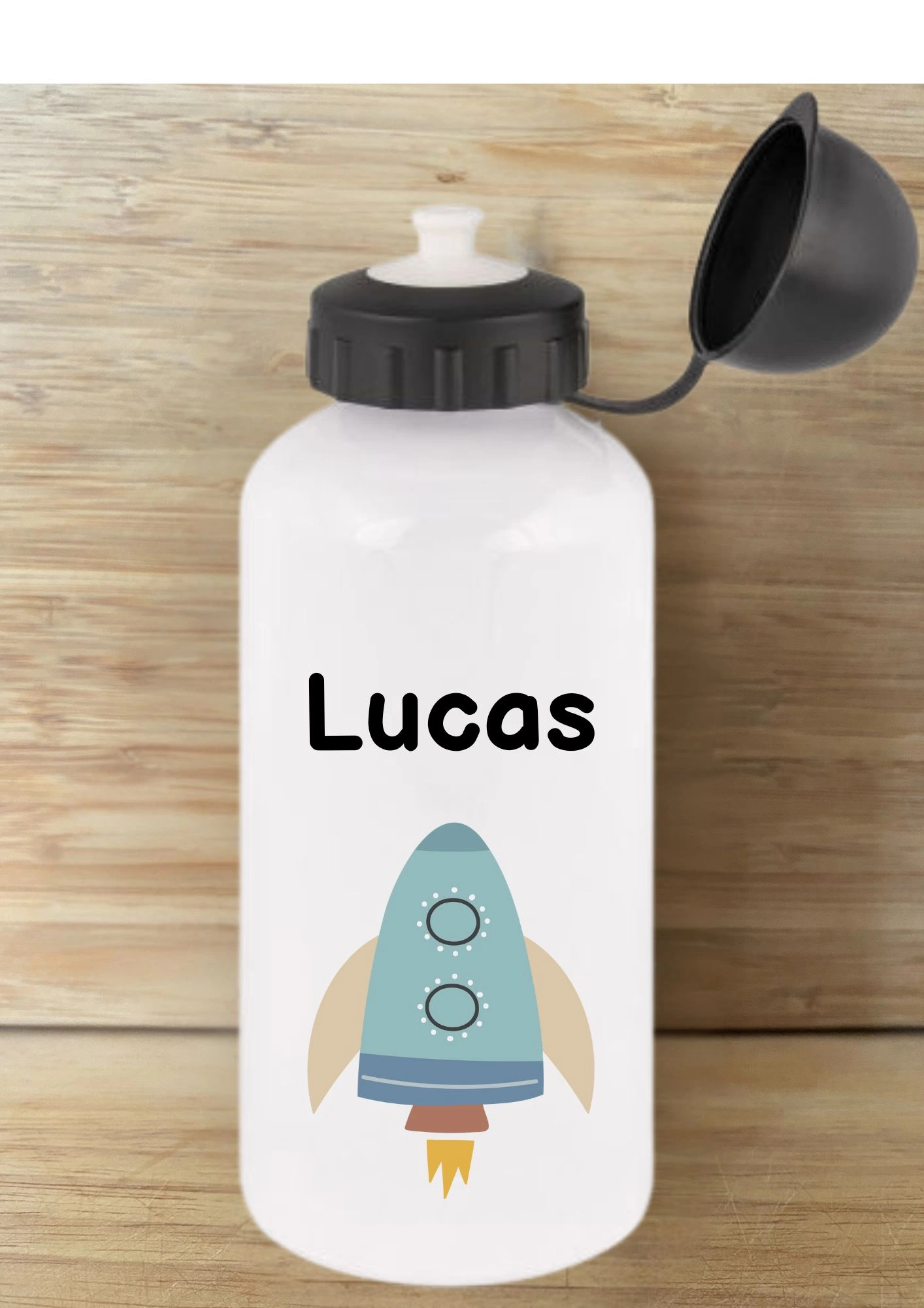 gourde en alu blanche avec une fusée et personnalisable