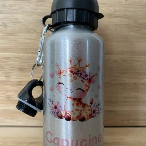 gourde personnalisable grise bouchon sport avec girafe
