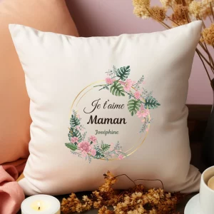 housse de coussin personnalisée je t'aime maman couronne de fleurs