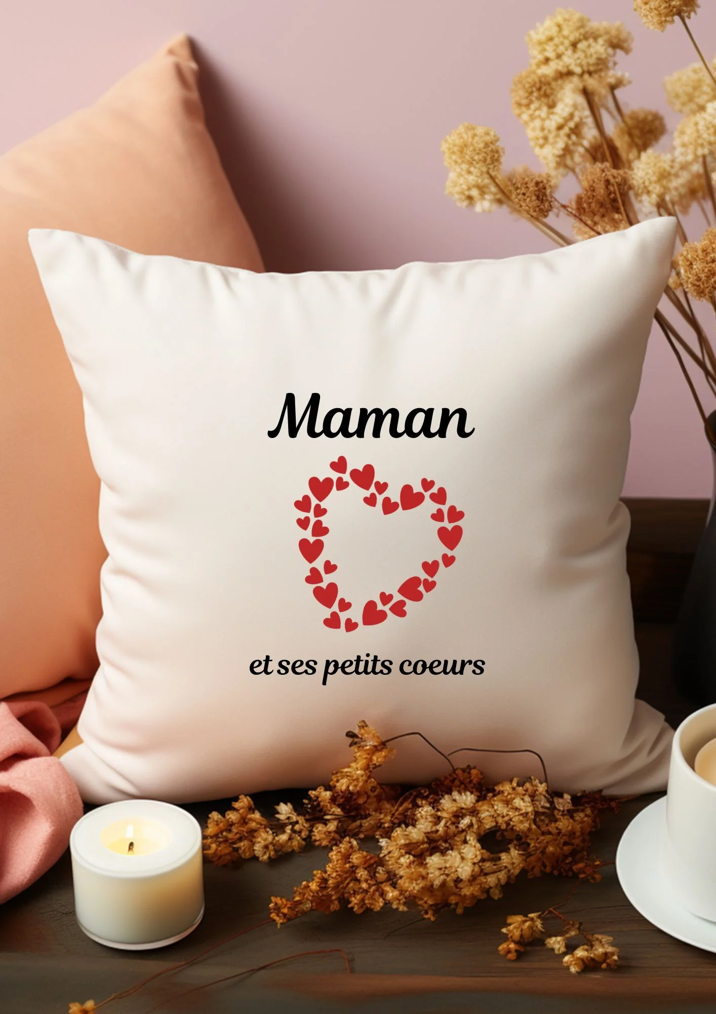 housse de coussin personnalisée petits coeurs maman