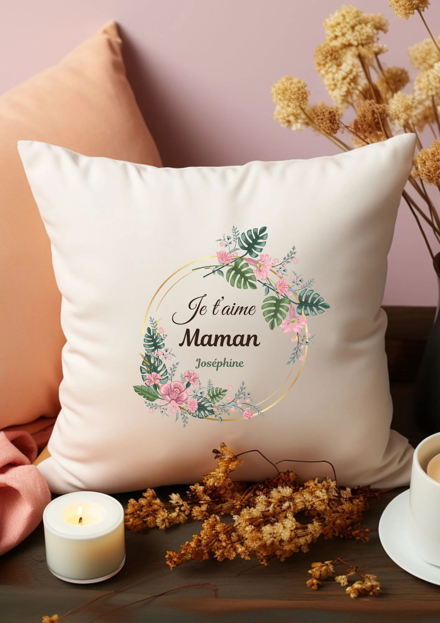 housse de coussin personnalisée je t'aime maman couronne de fleurs