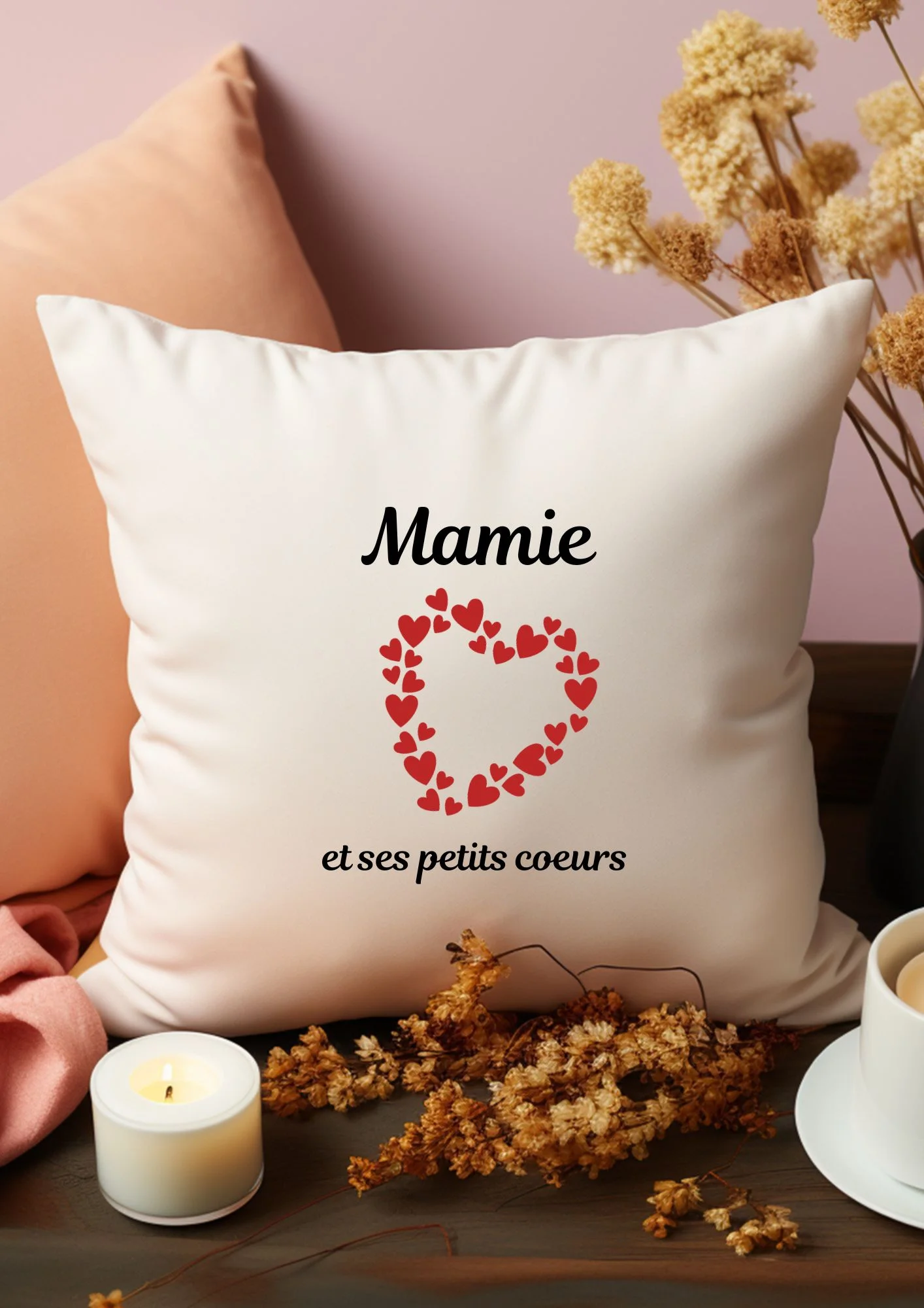 housse de coussin personnalisée petits coeurs mamie