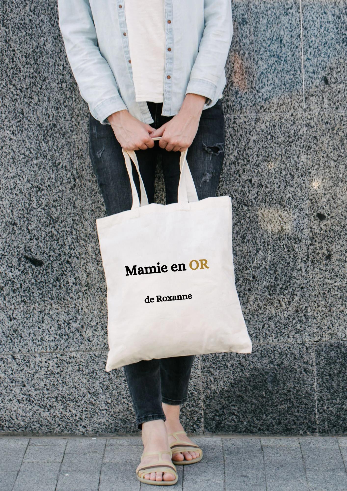 tote bag personnalisable en coton mamie en or