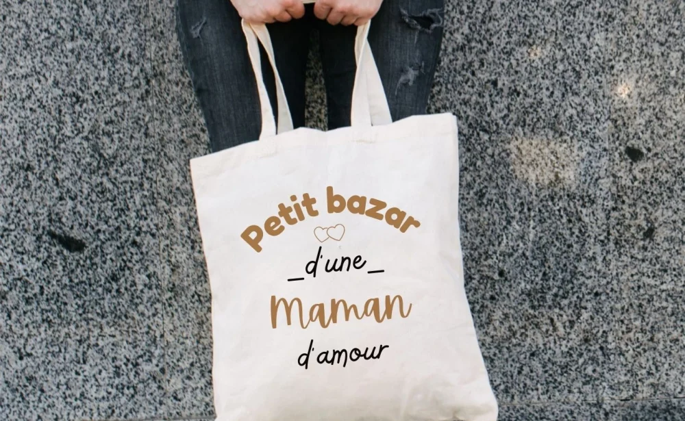 cadeaux personnalisées : tote bag en coton "le petit bazar" de maman