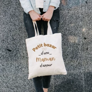 cadeaux personnalisées : tote bag en coton "le petit bazar" de maman