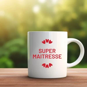 mug blanc en céramique personnalisable super maitresse avec coeurs