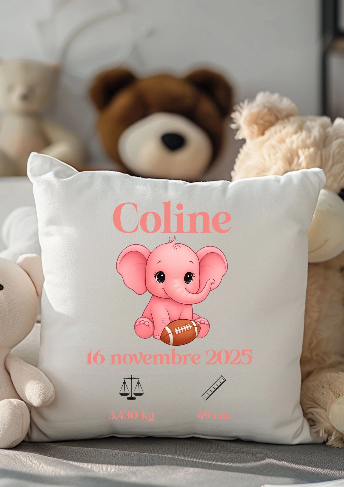 coussin naissance éléphant rose rugby