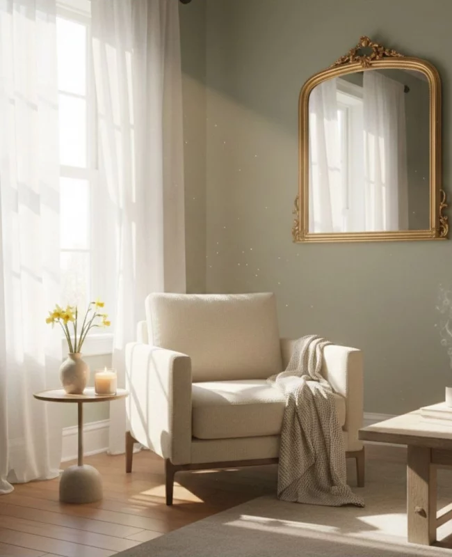 psychologie de l'habitat : Coin de lecture lumineux avec fauteuil beige et rayon de soleil, illustration de la psychologie de l'habitat et du bien-être chez soi