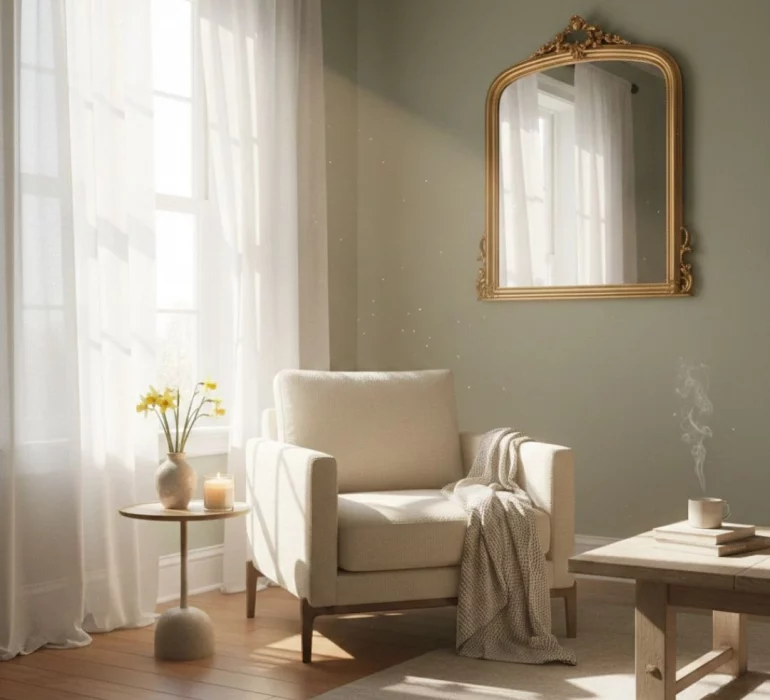 psychologie de l'habitat : Coin de lecture lumineux avec fauteuil beige et rayon de soleil, illustration de la psychologie de l'habitat et du bien-être chez soi