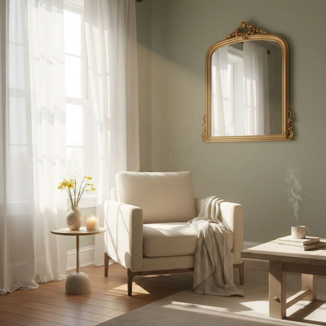 psychologie de l'habitat : Coin de lecture lumineux avec fauteuil beige et rayon de soleil, illustration de la psychologie de l'habitat et du bien-être chez soi